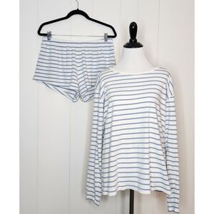 LAKE Pajama Set - Blue & White Striped Pima Crew Long Sleeve Shirt & Shorts XL